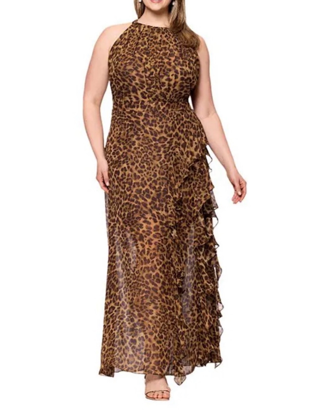 Betsy & Adam Plus “Angie” Print Chiffon Halter Neck Dress